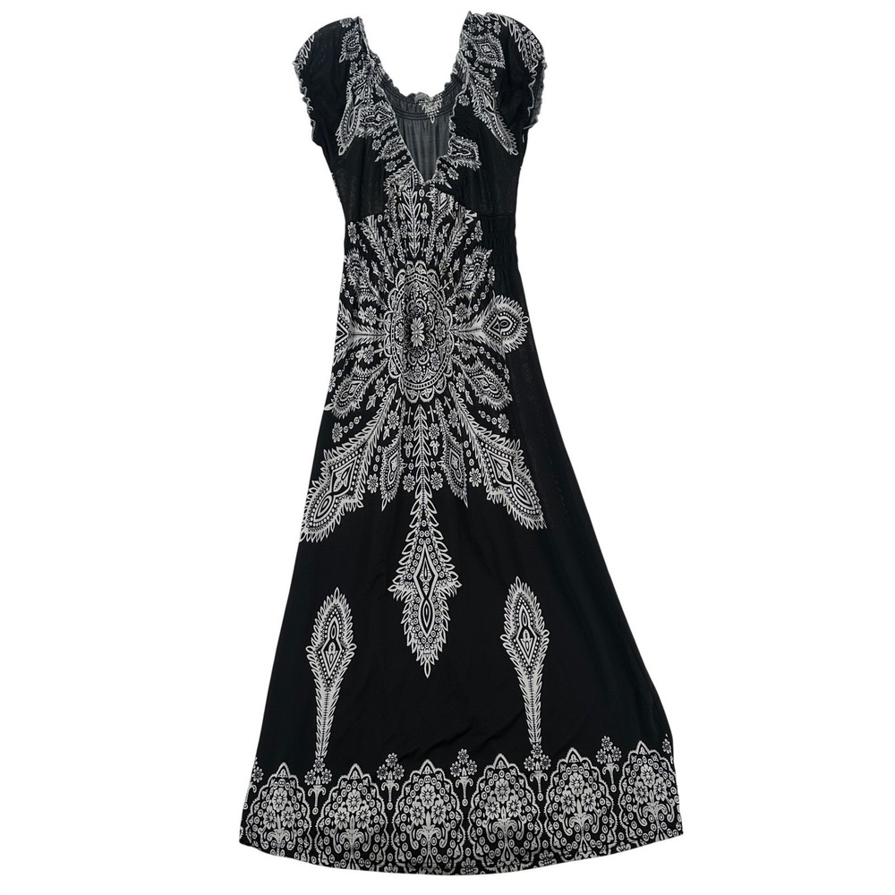 Earthbound Trading Co Women Large Black White Medallion Paisley Maxi Dress Boho
